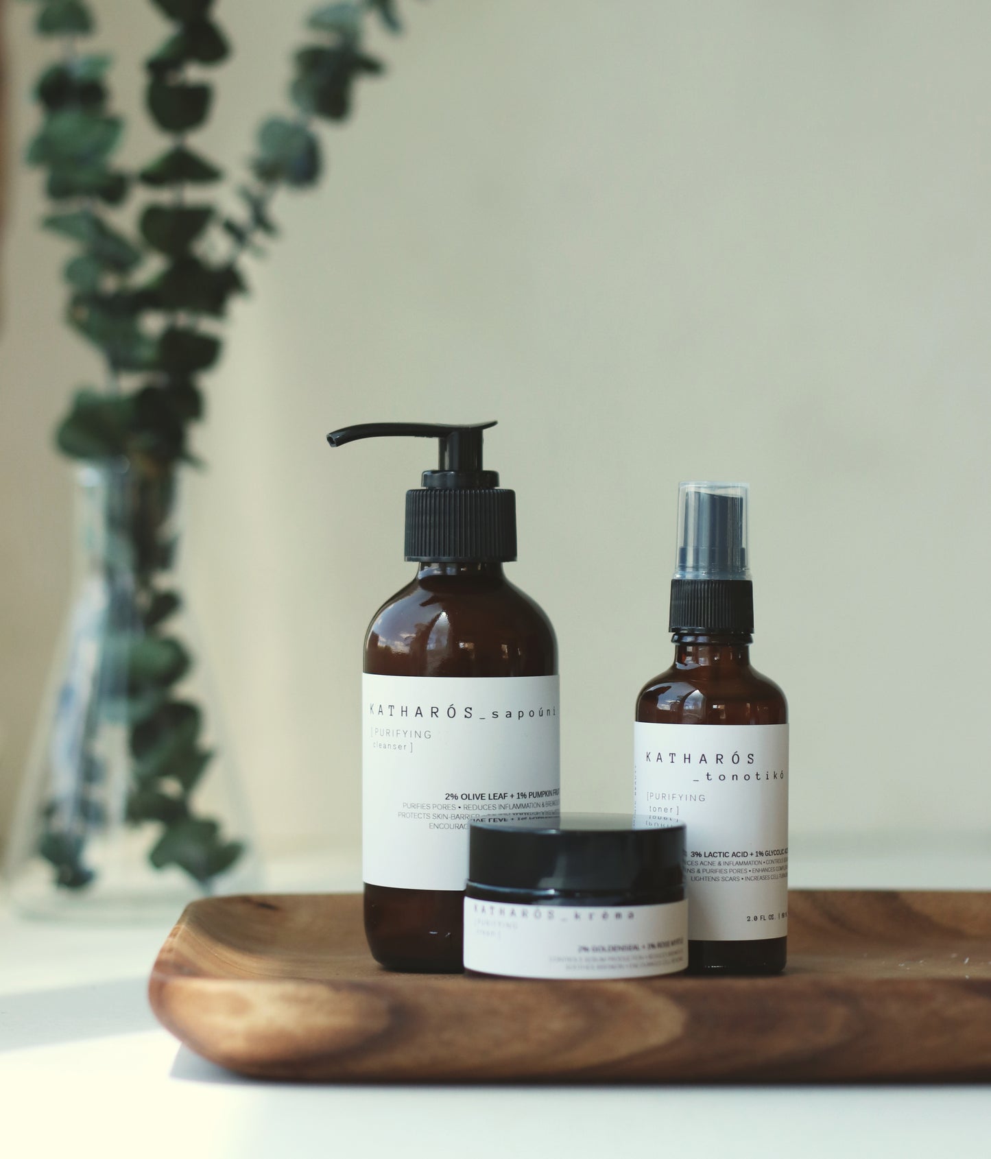 KATHARÓS _ trio | Essential Daily Purifying Skincare Set • Cleanser, Toner + Cream for controlling sebum & breakouts in oily or acne-prone skin